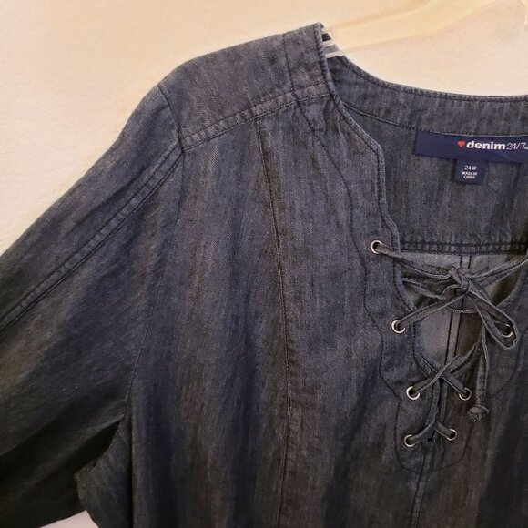 Denim247 Dark Wash Denim Lace Up Neckline Long Sleeve Tunic Size 24W EUC - Picture 3 of 8